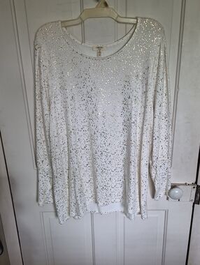 White Long-Sleeve Glitter Scoop Neck Top